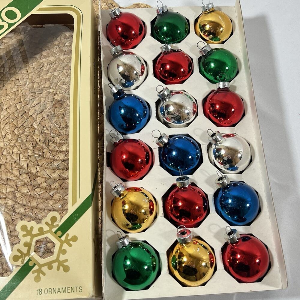 Vintage Pyramid Jumbo Box of 18 Small Colored Glass Christmas Ornaments 1.75x2”